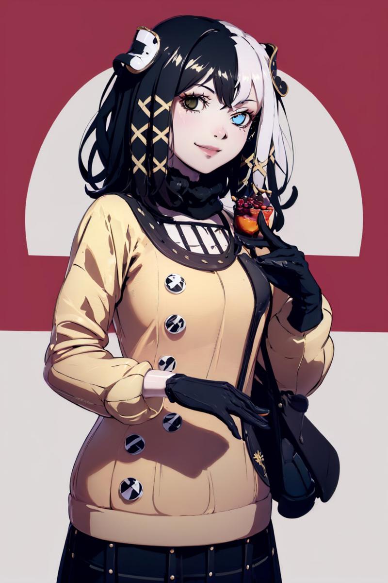 00009-1918149674-, , cowboy shot, solo, 1girl, olantilene, smile, looking at viewer, hair ornament, heterochromia, sweater, skirt, black gloves.jpg